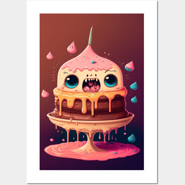 Cake Caricature - January 1st - Yearlong Psychedelic Cute Cakes Collection - Birthday Party - Delicious Dripping Paint, Bright Colors, and Big Adorable Smiles Wall Art by JensenArtCo